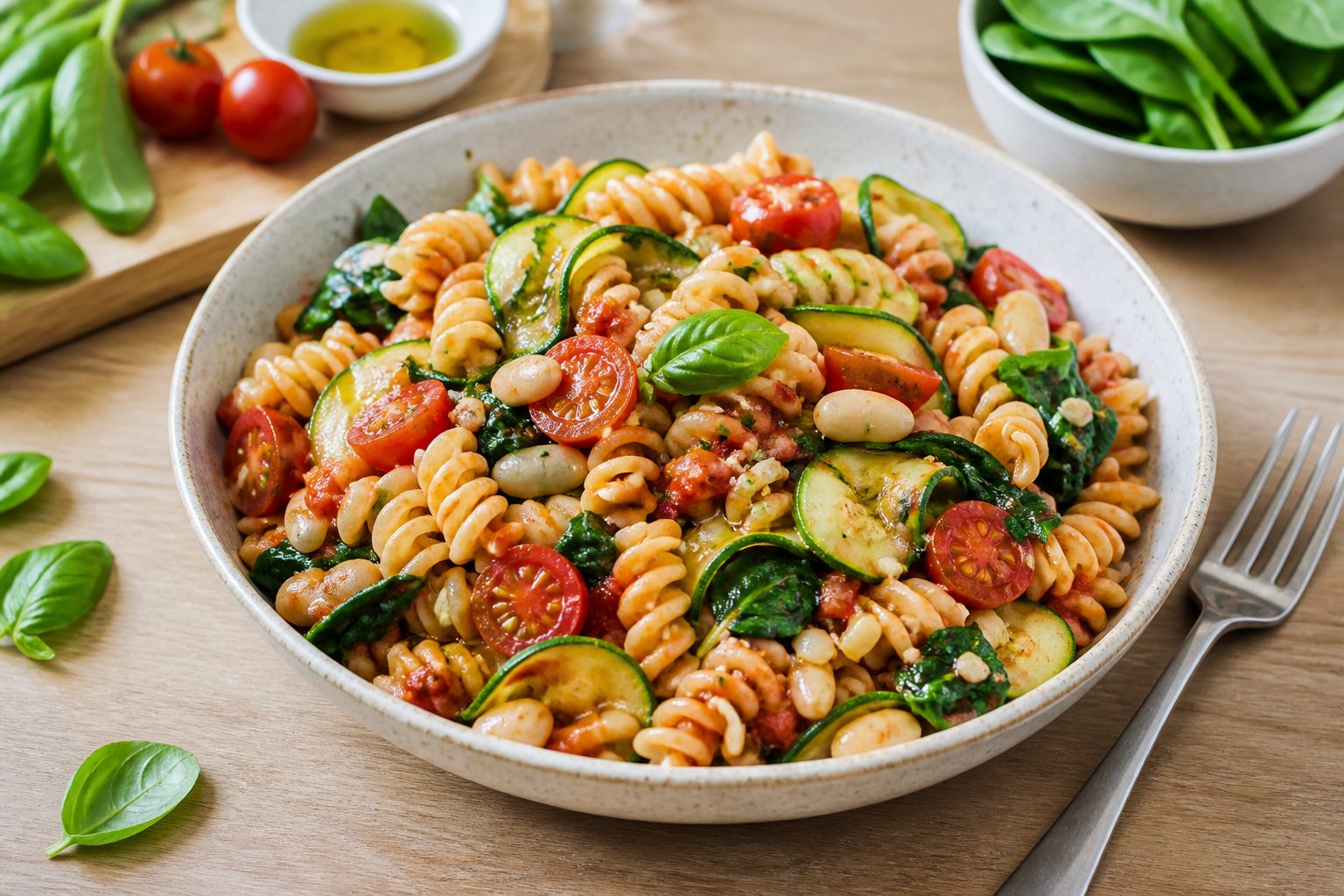 Gluten-free rotini pasta with tomatoes, zucchini, spinach, white beans, and basil in a bowl