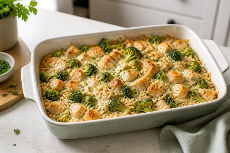 High-protein chicken casserole with broccoli, brown rice, and a light creamy sauce
