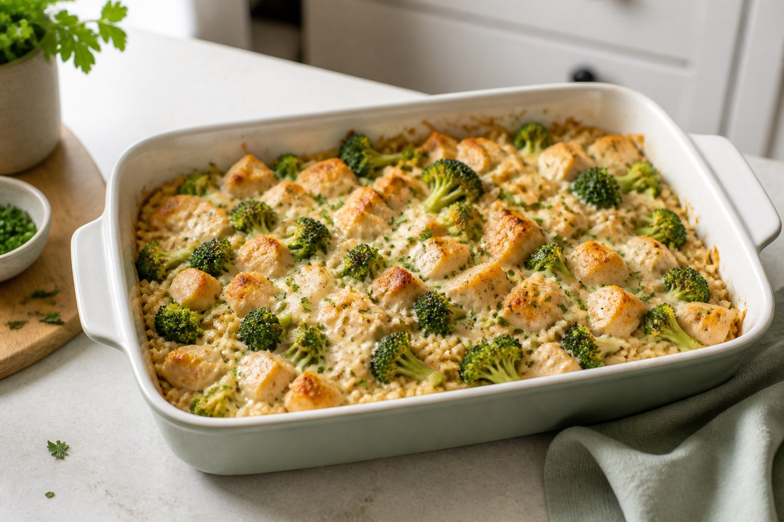 High-protein chicken casserole with broccoli, brown rice, and a light creamy sauce