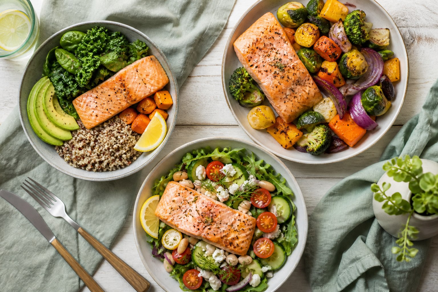 Three balanced salmon meals with vegetables, whole grains, beans, and leafy greens