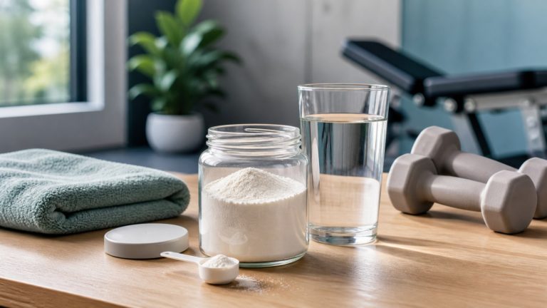 Unbranded creatine monohydrate powder, water and dumbbells in a bright gym setting