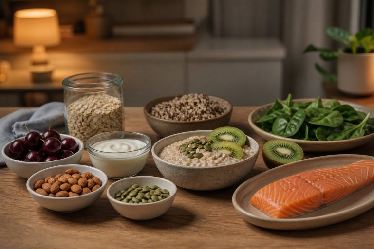 Foods that support sleep including kiwi, tart cherries, oats, yogurt, nuts, seeds, salmon, and greens