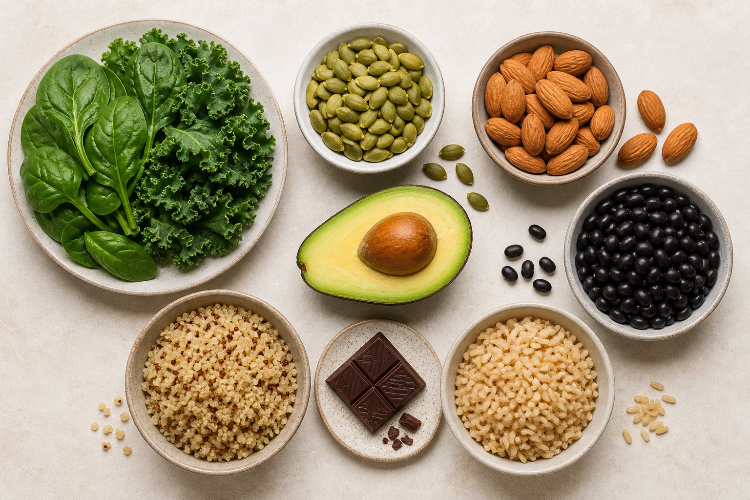 Magnesium-rich foods that may support sleep, including leafy greens, seeds, nuts, beans, avocado, whole grains, and dark chocolate