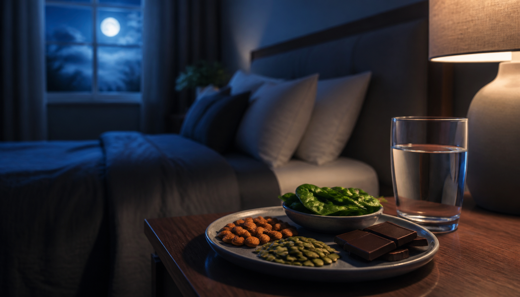 Magnesium and sleep with magnesium-rich foods in a calm bedroom