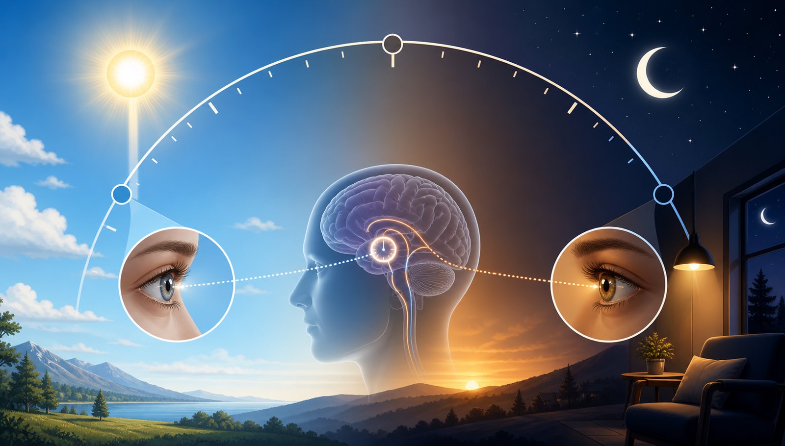 Melatonin and sleep circadian rhythm from daylight through dim evening to nighttime