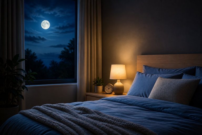 Melatonin and sleep in a calm moonlit bedroom at night