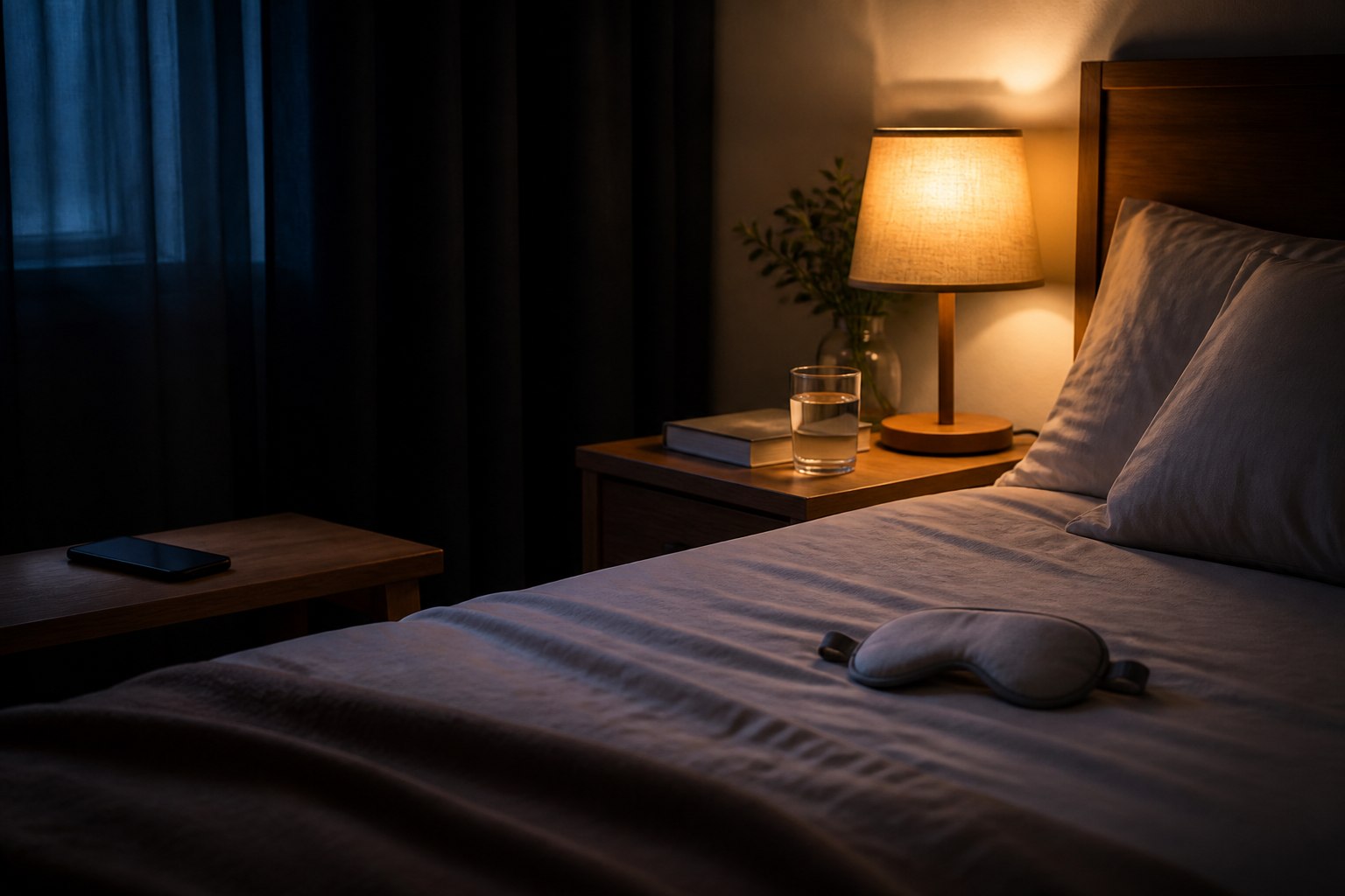 How to get deeper sleep naturally with a dark bedroom, book, eye mask and phone set aside