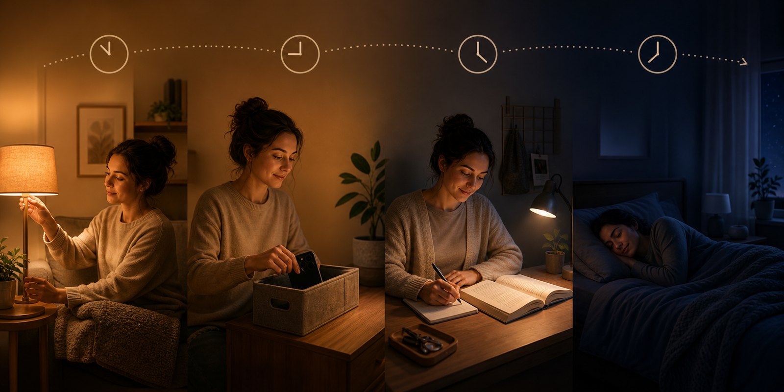Nighttime routines for better sleep showing dim lights, putting away a phone, reading, and a dark bedroom