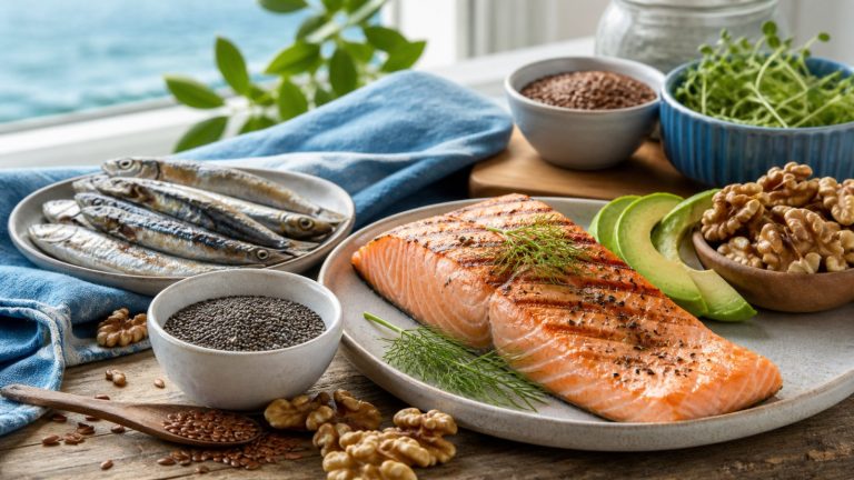 Omega-3 fatty acid food sources including salmon, sardines, walnuts, chia and flaxseeds