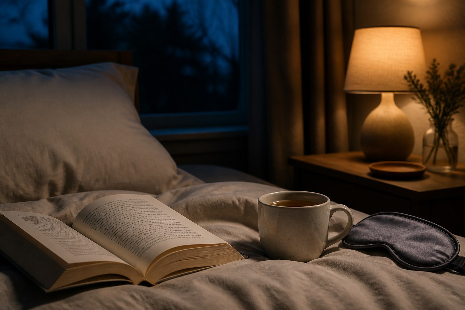 Calming bedtime routine with a book, herbal tea and warm bedside light