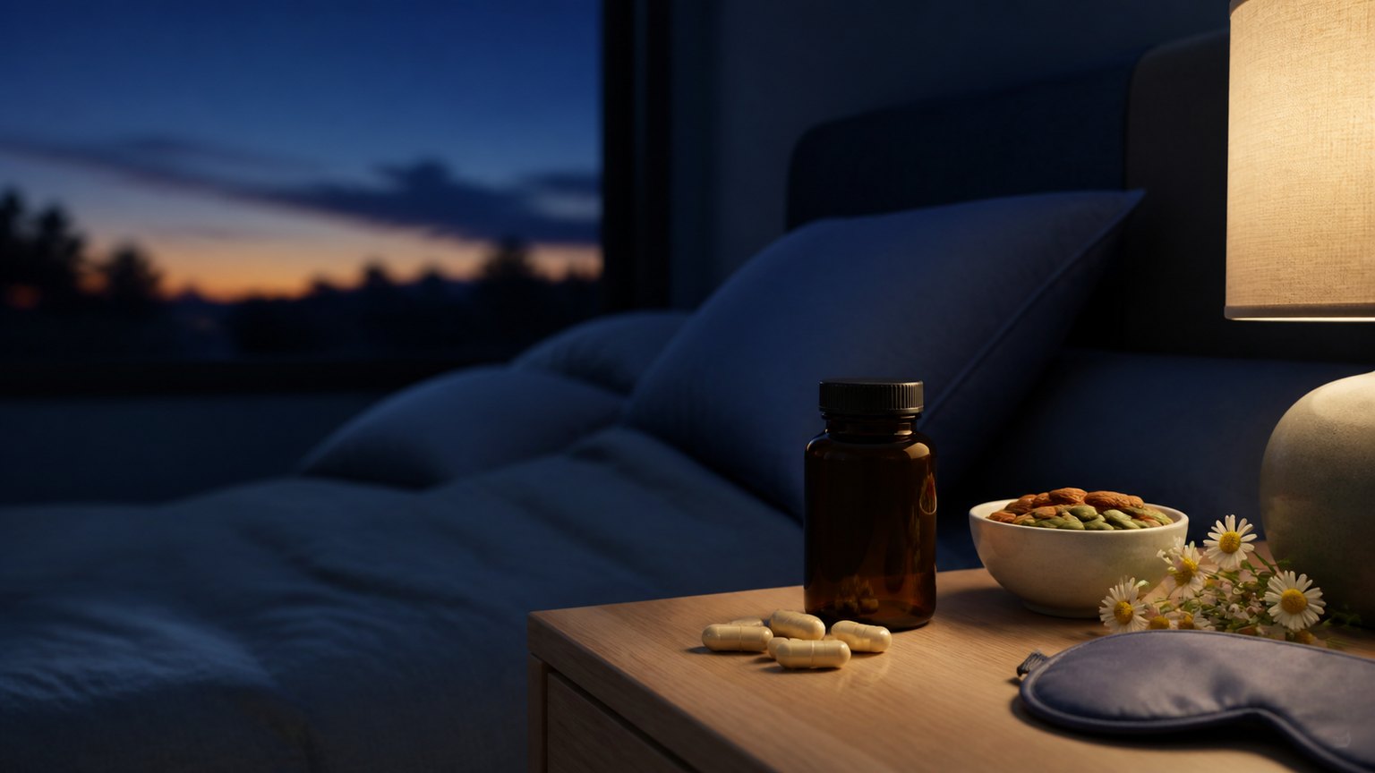 Sleep supplements beside a calm bedroom for an evidence-based guide