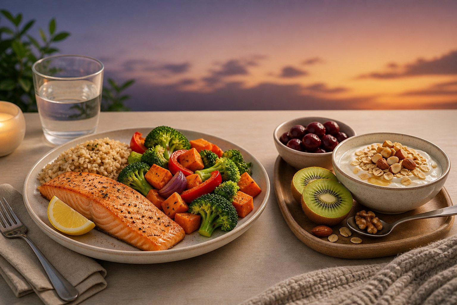 Foods that support sleep shown as a balanced salmon dinner and a modest kiwi, yogurt, oat, nut, and cherry snack