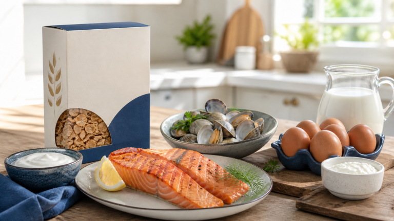Vitamin B12 food sources including salmon, eggs, clams, dairy and fortified cereal