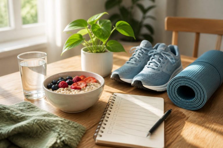 Daily wellness habits with water, oatmeal and berries, walking shoes, a yoga mat, and a checklist