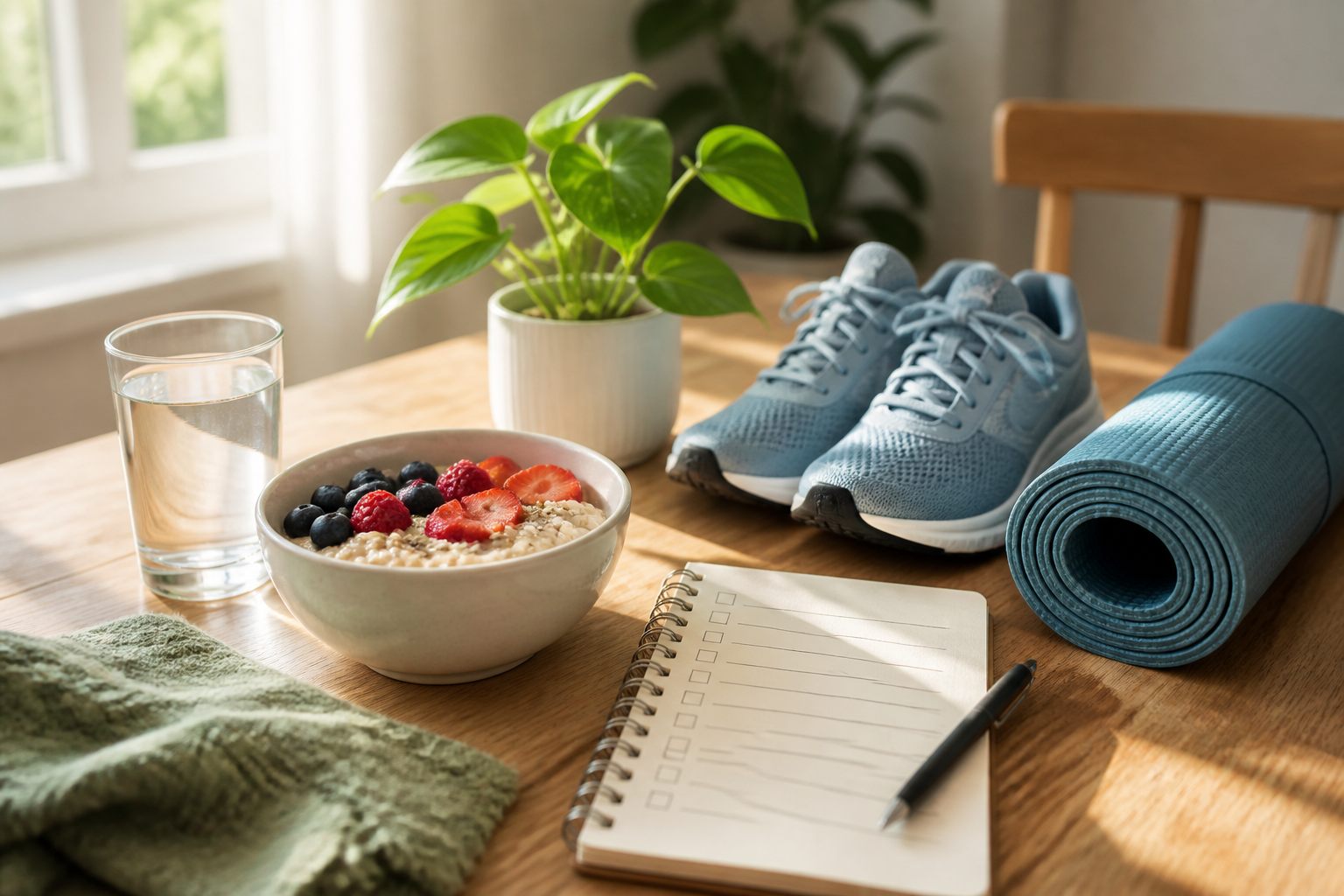 Daily wellness habits with water, oatmeal and berries, walking shoes, a yoga mat, and a checklist