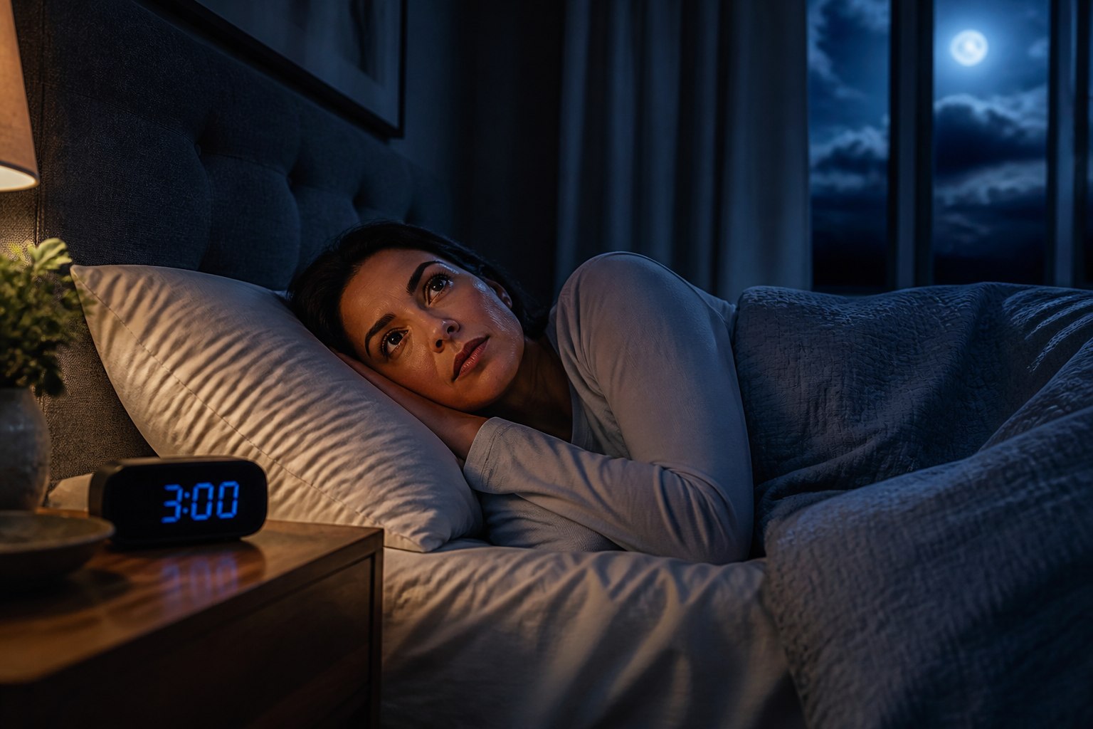 Person awake in bed at 3 AM during a nighttime sleep interruption