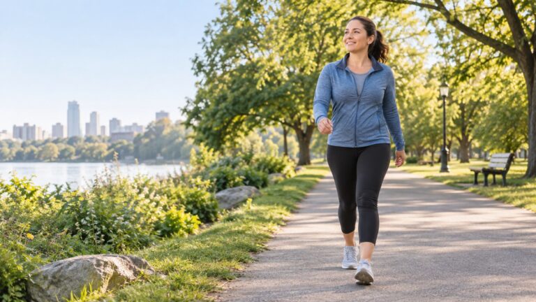Woman brisk walking on a sunlit park path during a short walking routine