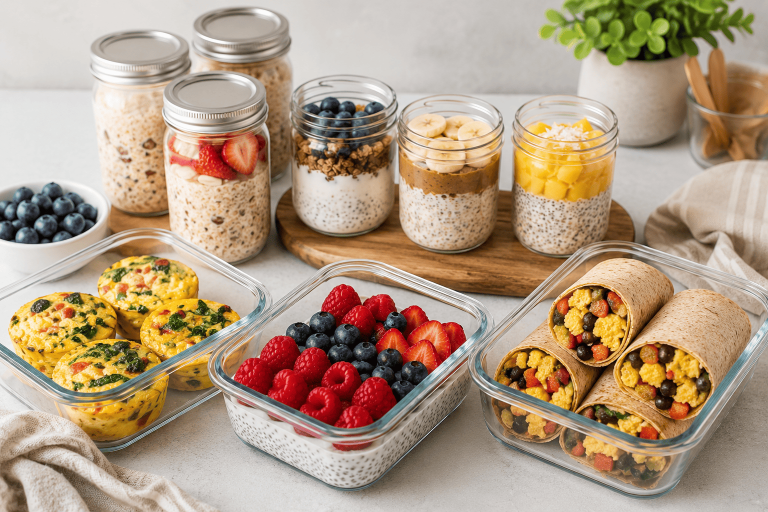 Prepared breakfasts with jars of oats and fruit, egg portions, berries, and breakfast wraps.