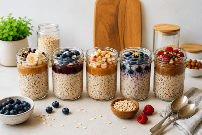 Five jars of overnight oats with fruit and nut toppings, including blueberries, strawberries, and banana.