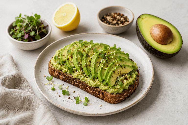 Sliced avocado on toast with herbs and seeds, served on a white plate with lemon and avocado alongside.