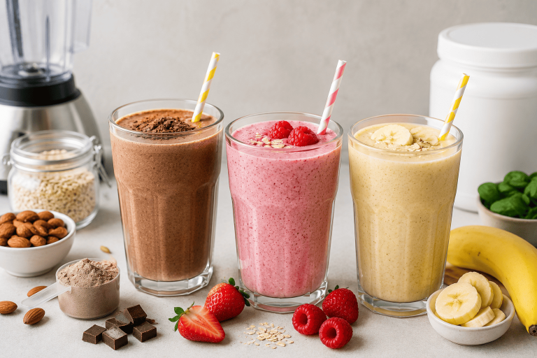 Three glasses of smoothies in chocolate-brown, berry-pink, and pale yellow colors, with straws.