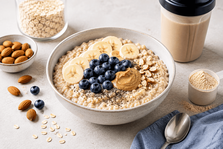 Bowl of oatmeal topped with banana slices, blueberries, nut butter, and seeds.