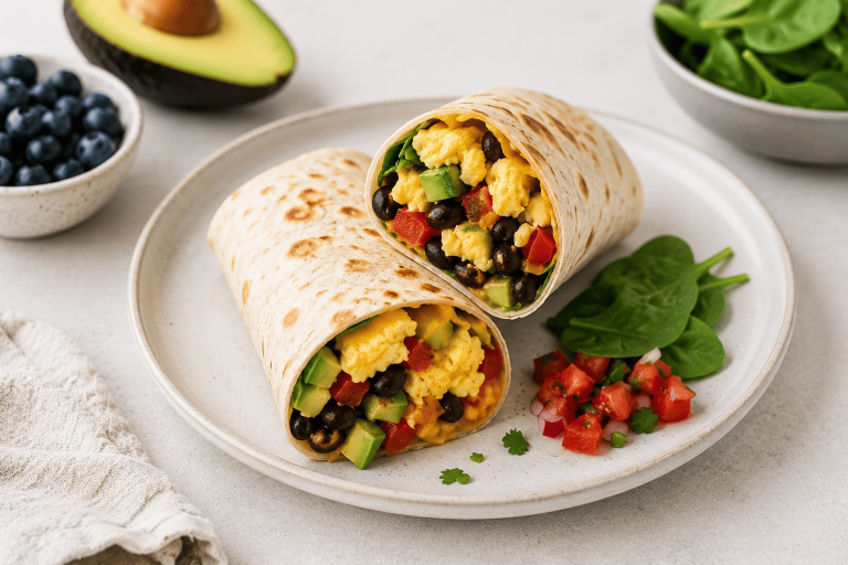 Breakfast burrito cut in half, showing eggs, black beans, avocado, and vegetables in a tortilla.
