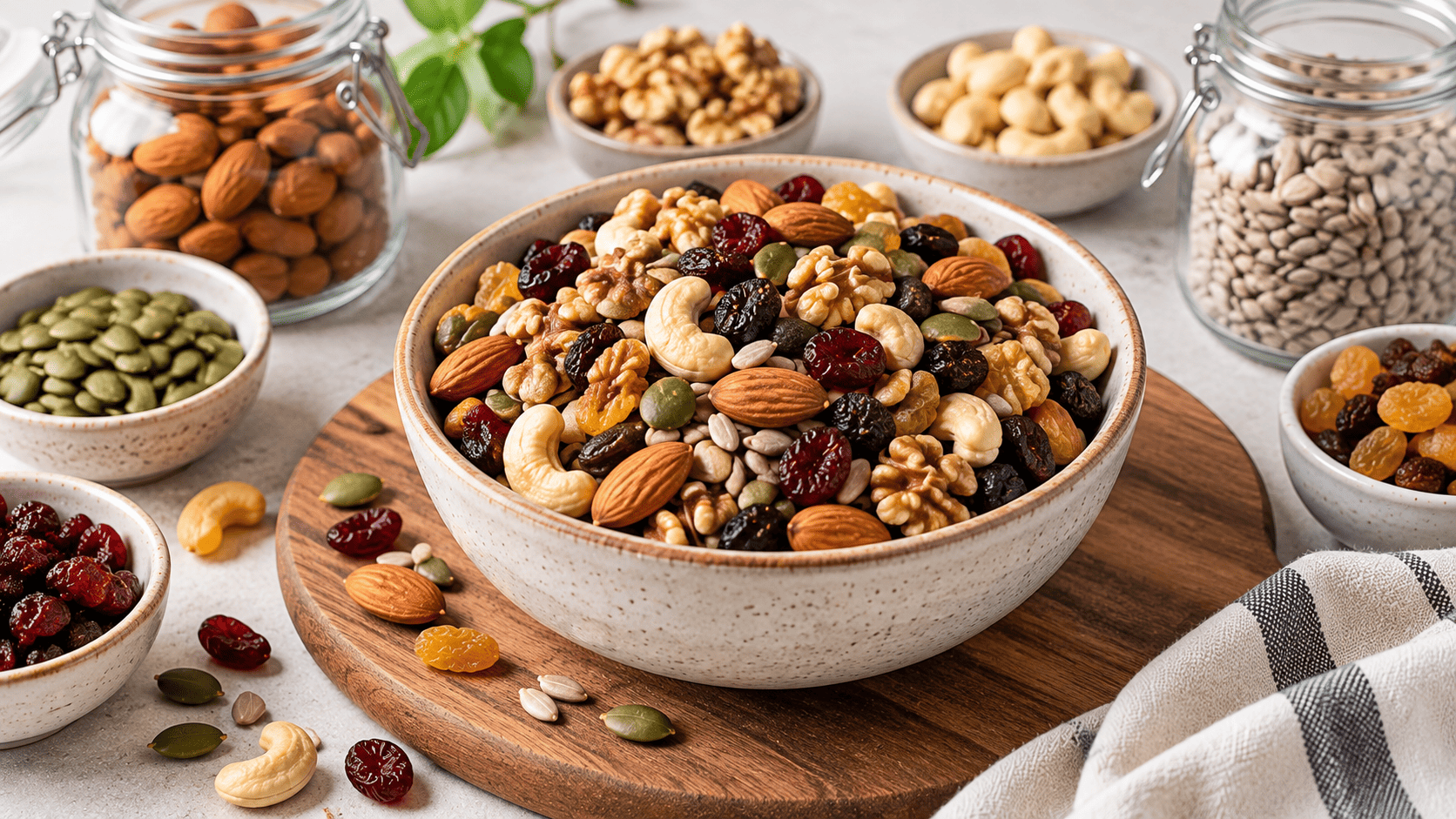 Bowl of homemade trail mix with nuts, seeds, dried fruit, and cereal