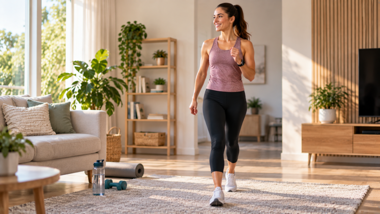 Beginner walking indoors as part of a home exercise routine