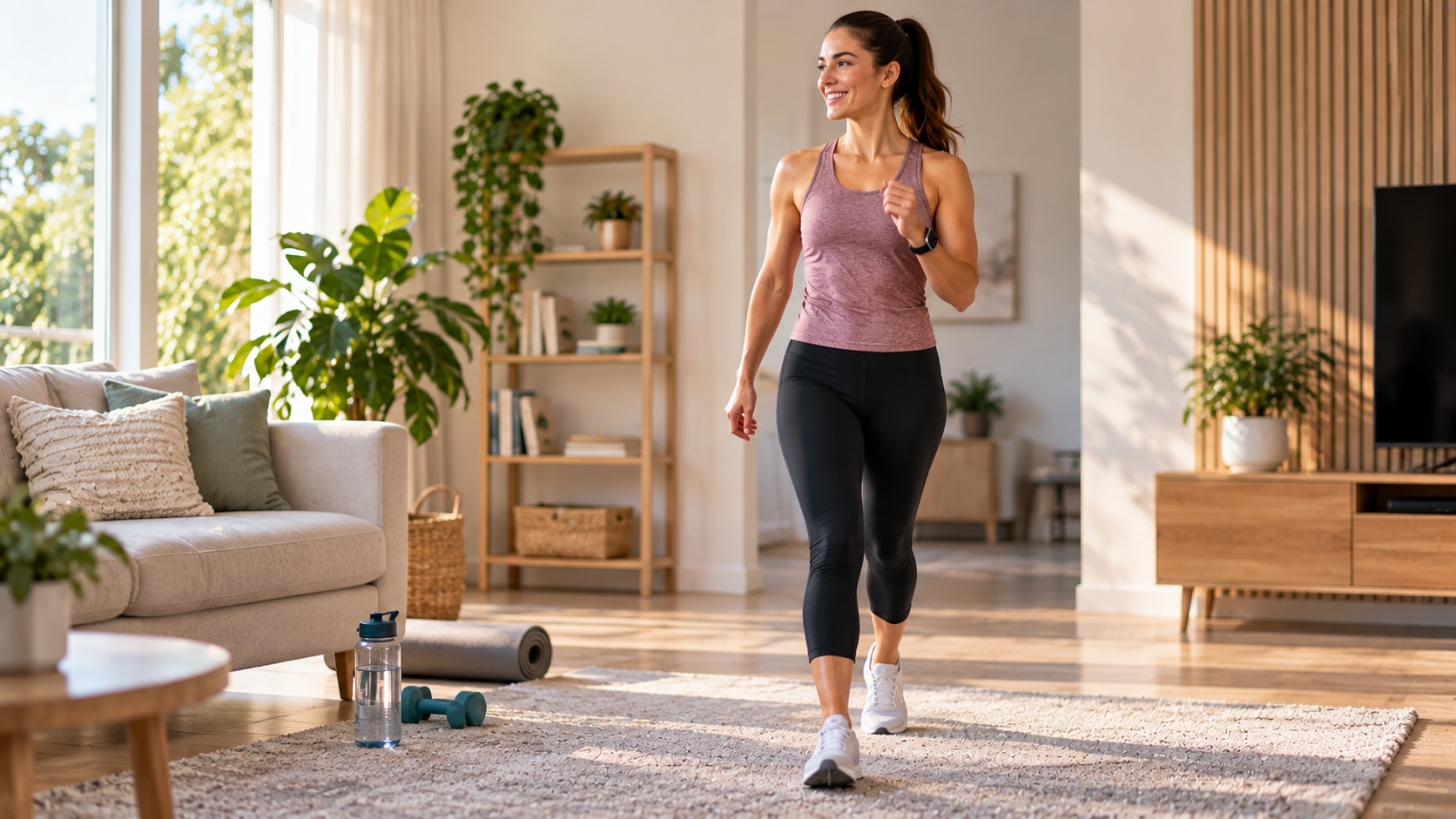 Beginner walking indoors as part of a home exercise routine