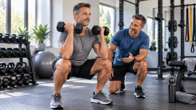 Man over 40 performing a strength-training exercise