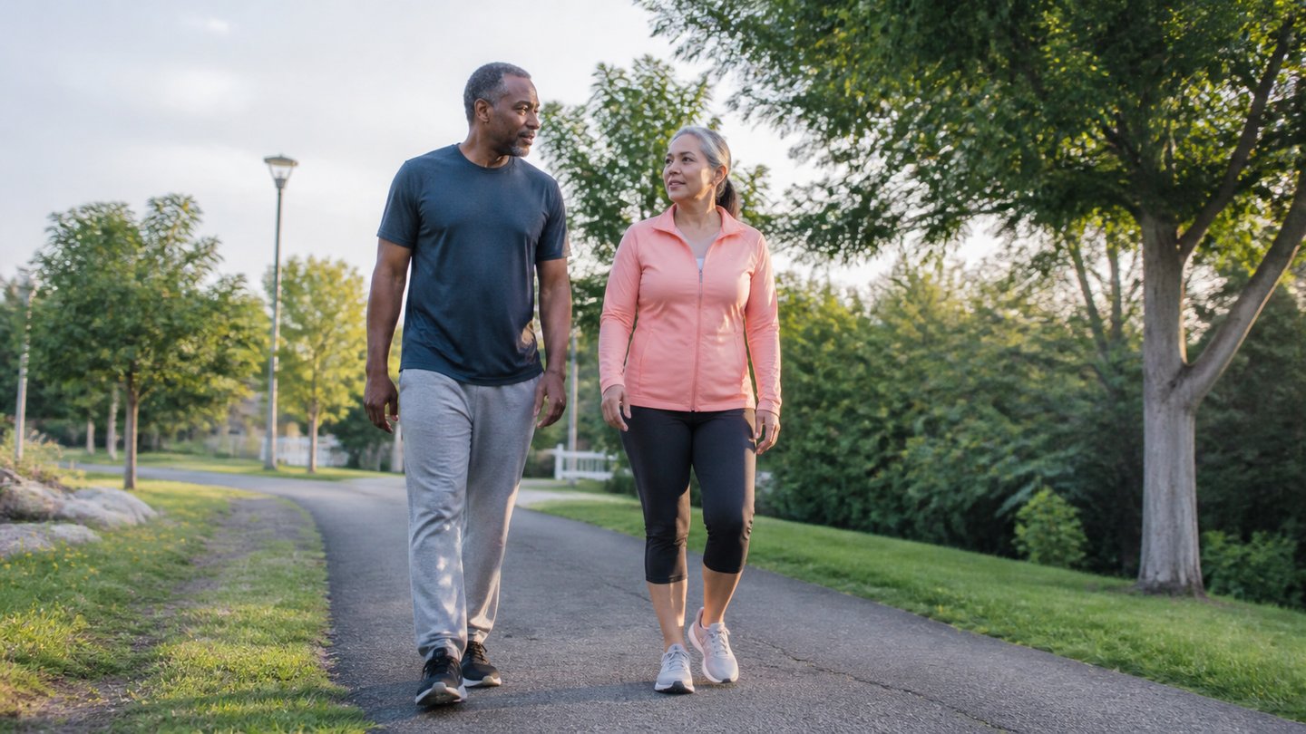 Better sleep after 40 supported by two midlife adults taking a morning walk