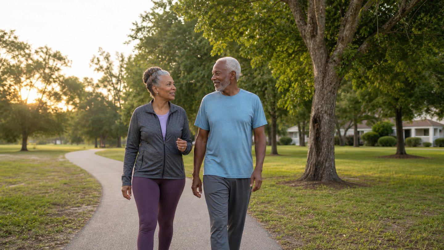 Better sleep after 50 supported by two older adults walking in morning daylight