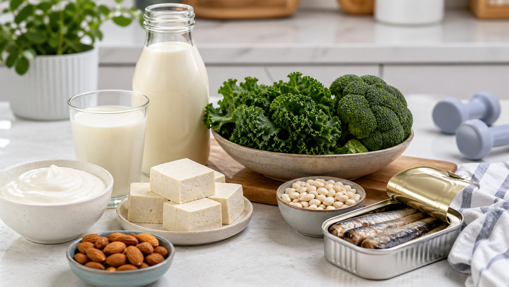 Calcium and bone health foods including yogurt, milk, tofu, sardines, kale, broccoli, beans and almonds
