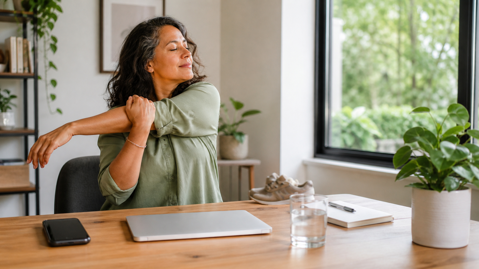 Digital wellness break with a phone down, closed laptop and mindful stretching