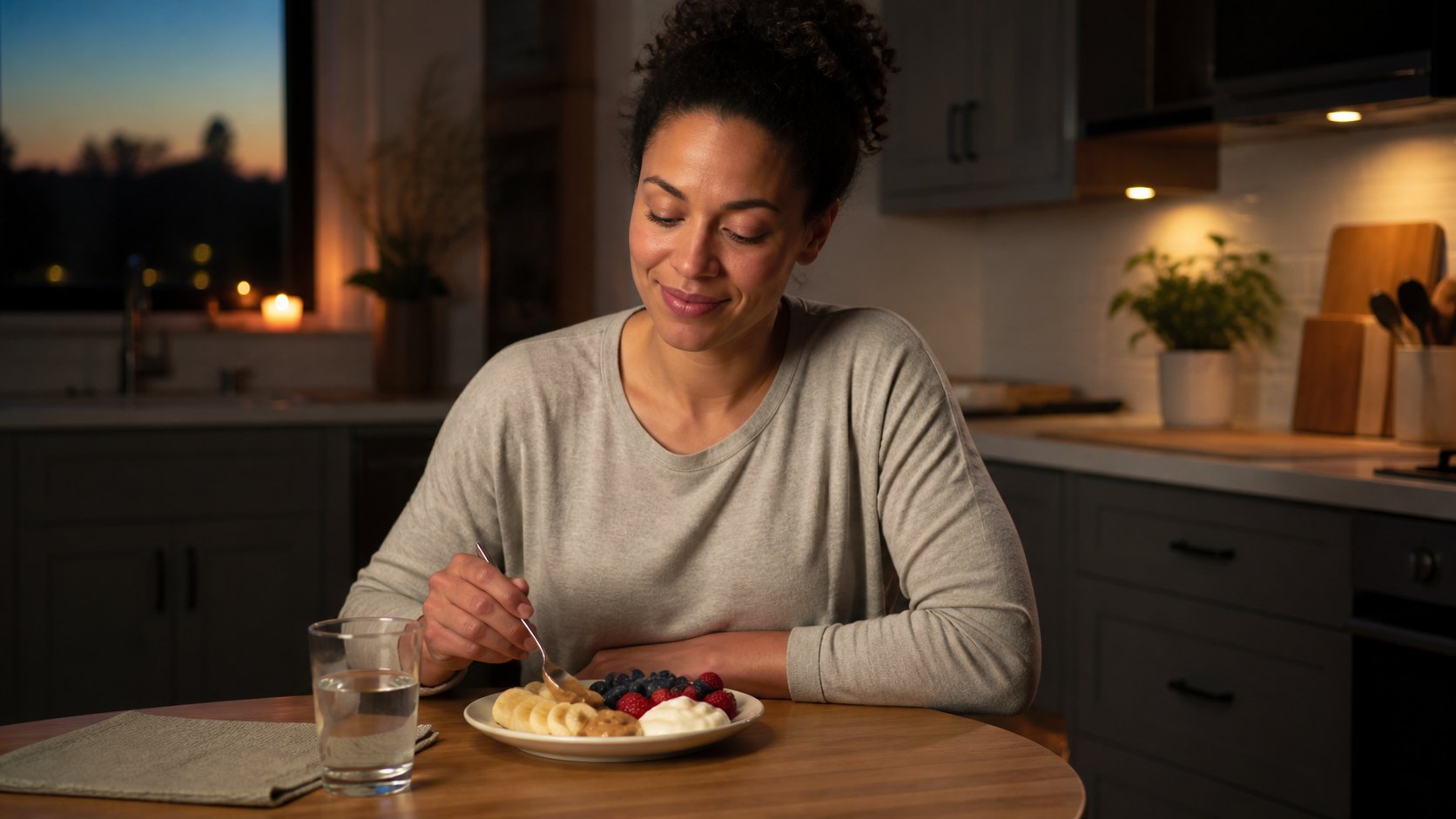 Adult enjoying a modest evening snack with yogurt, berries, banana and nut butter