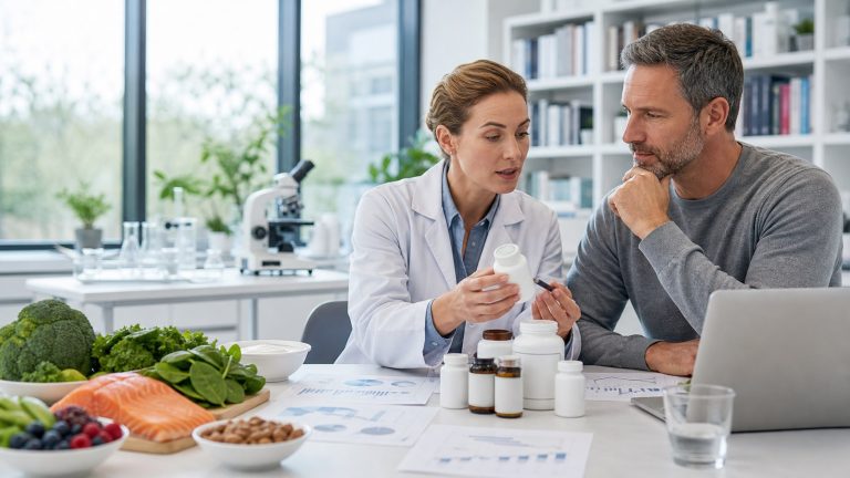 Researcher reviewing evidence behind popular supplements with an adult