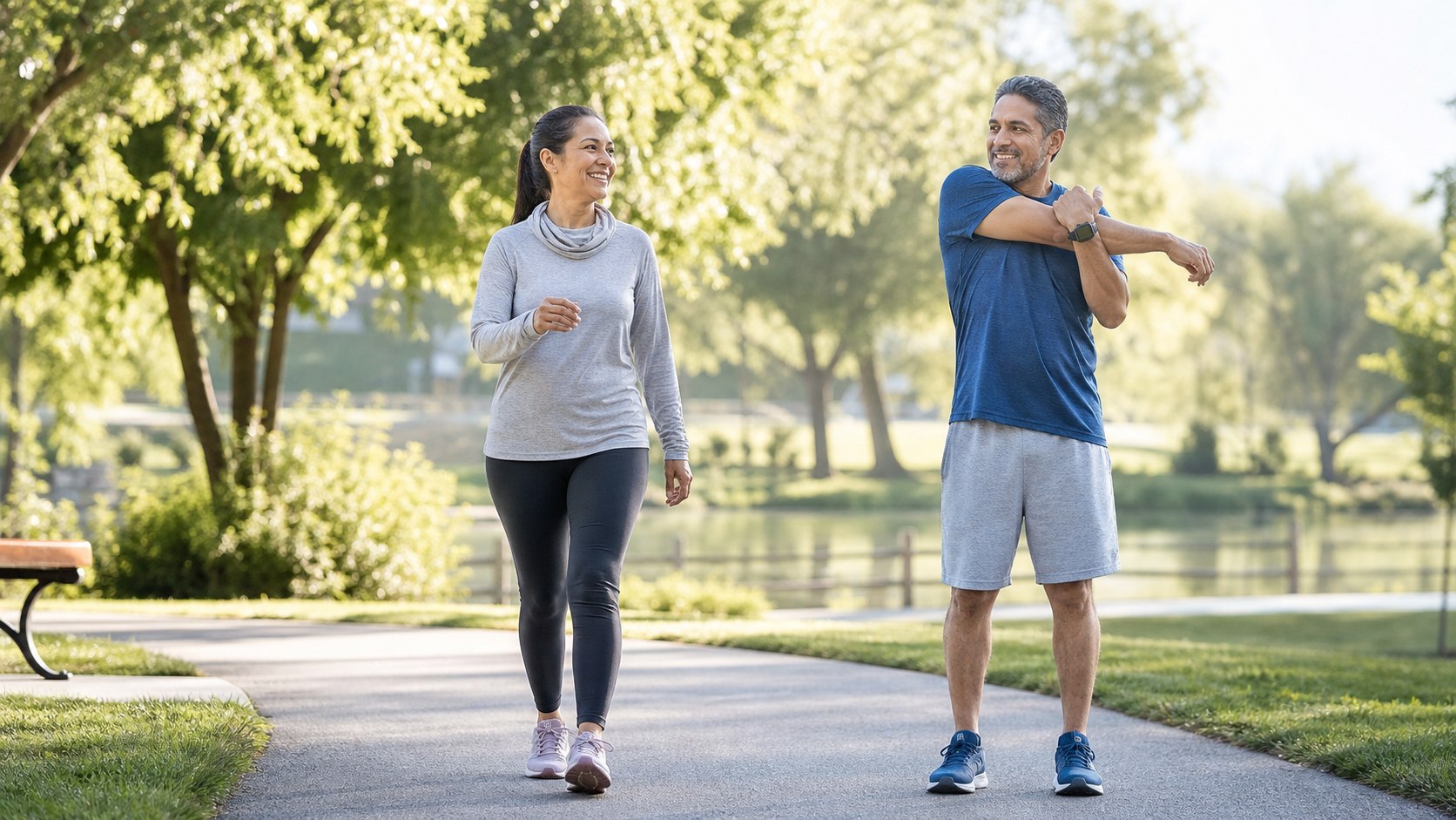 Exercise and mental well-being supported by walking and gentle stretching in a park