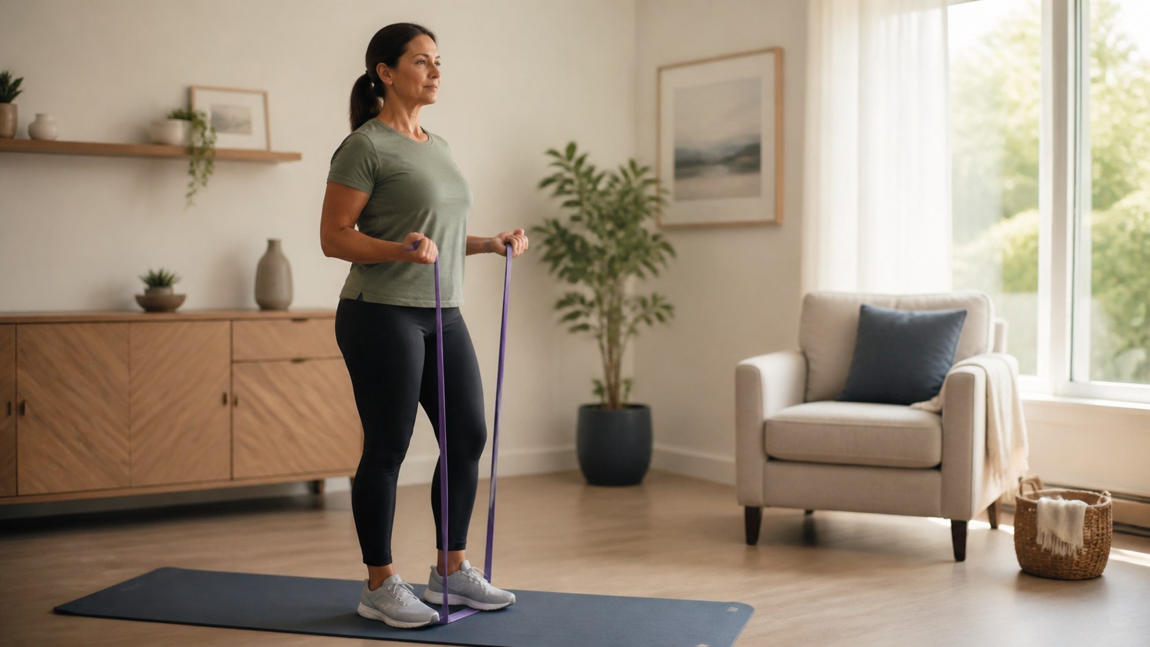 Middle-aged adult using a resistance band for a gradual exercise plan