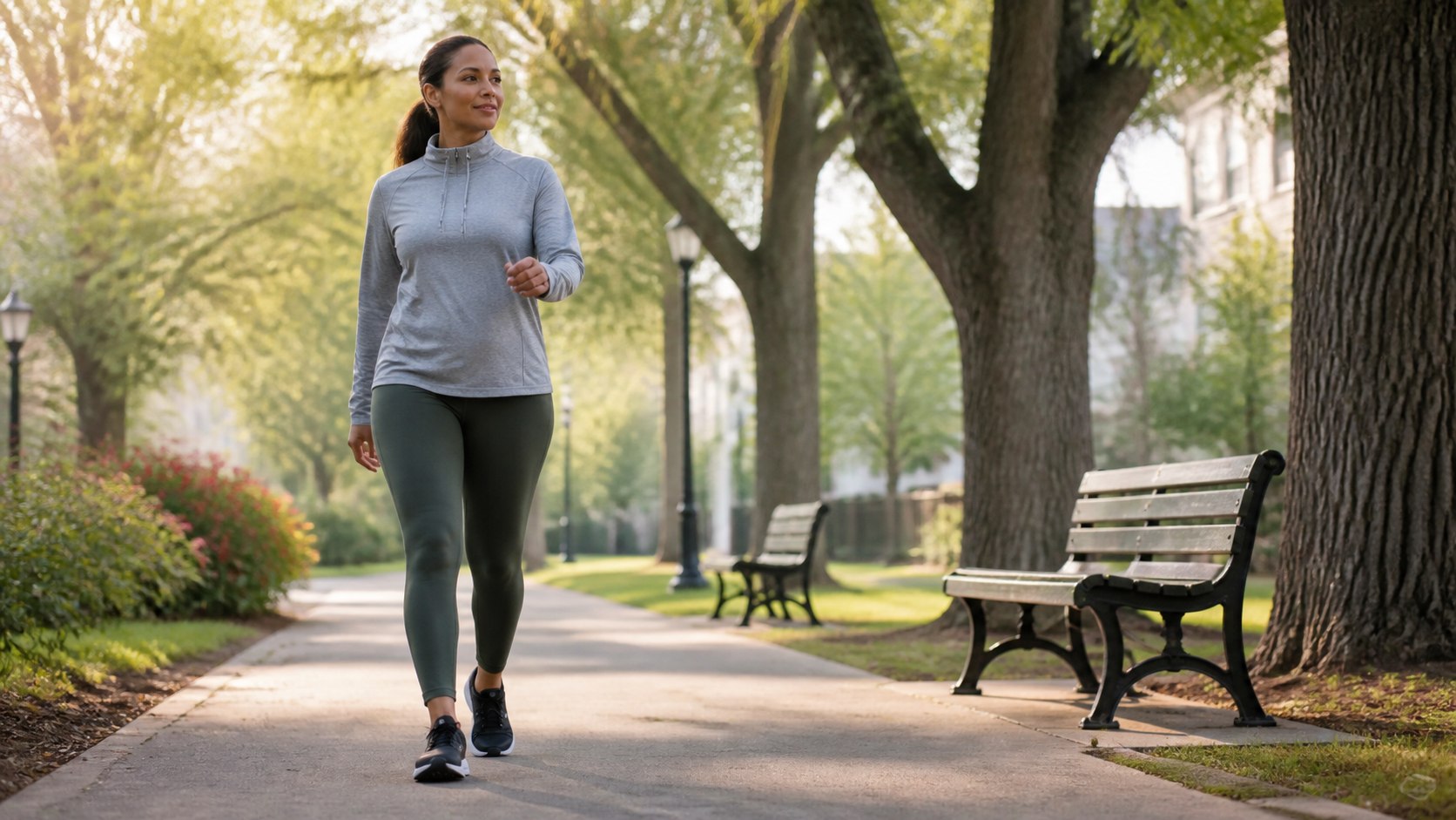 Adult taking a brisk park walk to support exercise and mental well-being