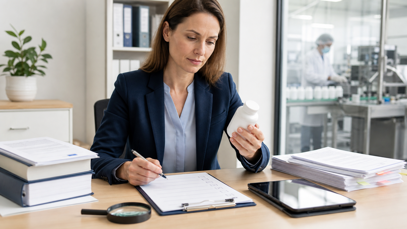 Compliance specialist reviewing FDA rules for dietary supplements