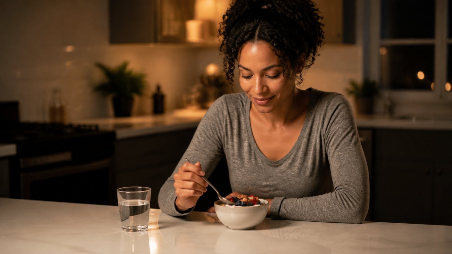 Small balanced evening snack with yogurt, berries and nuts in a warmly lit kitchen