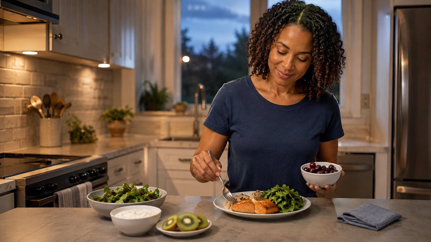 Balanced foods that may support sleep health prepared in a calm evening kitchen