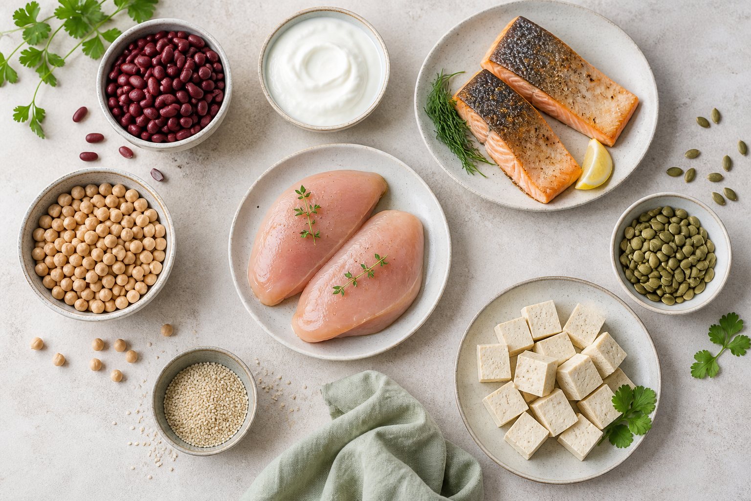 Protein-rich foods including beans tofu yogurt fish poultry and seeds that contribute dietary glycine