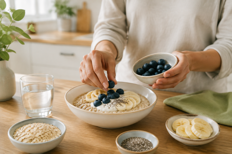 Prebiotic ingredient foods in a breakfast bowl with oats, banana, berries, and apple