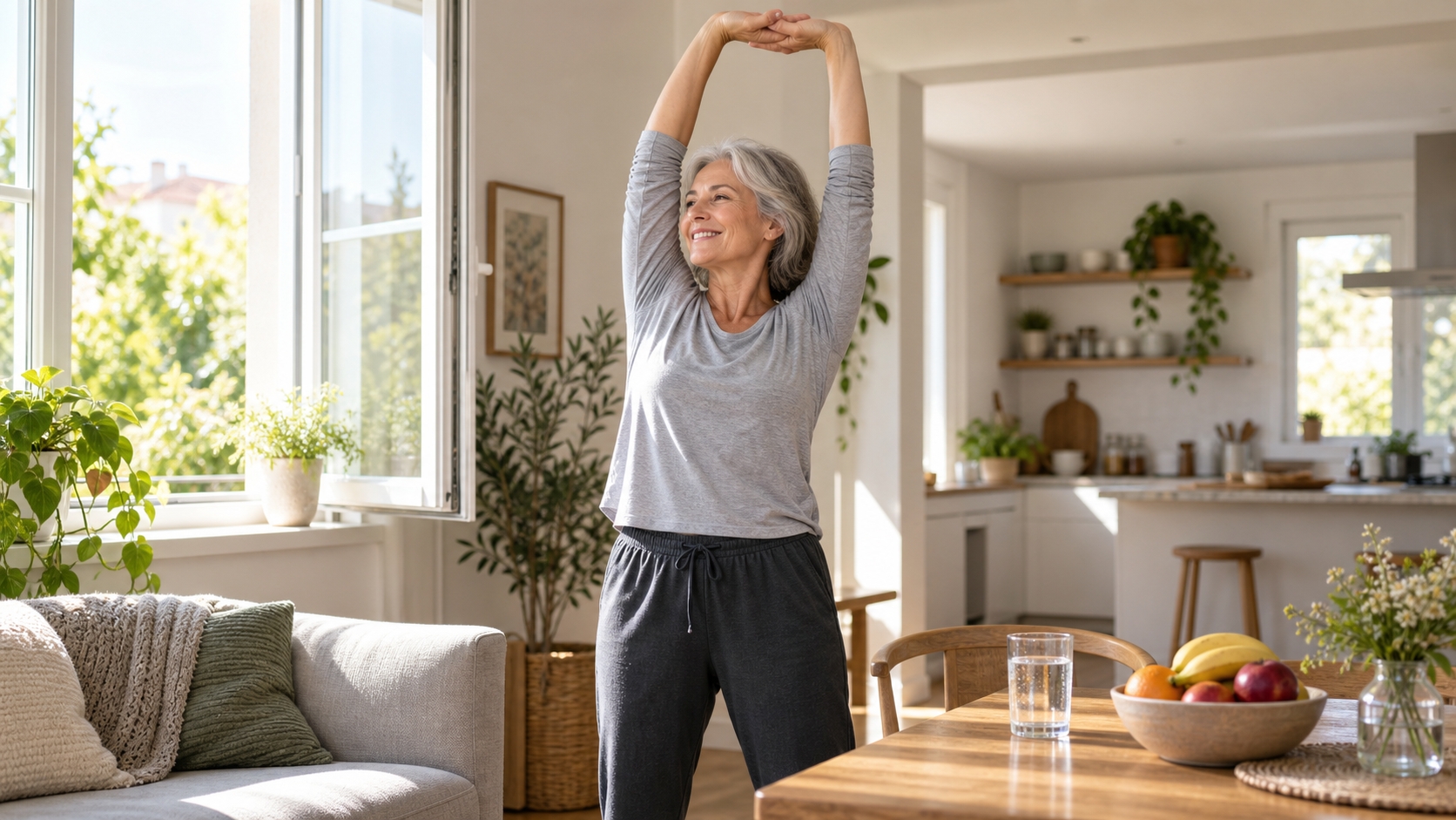 No-equipment morning routine with stretching and a healthy breakfast