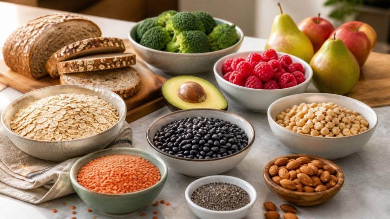 High-fiber foods including lentils, beans, oats, berries, pears, broccoli, avocado, nuts and seeds