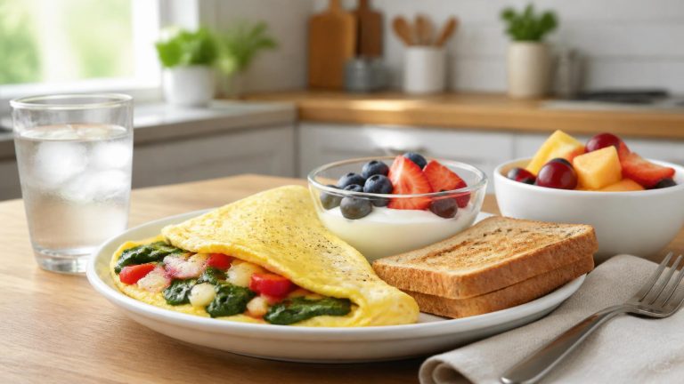 Balanced high-protein breakfast with vegetable omelet, Greek yogurt, berries and whole-grain toast