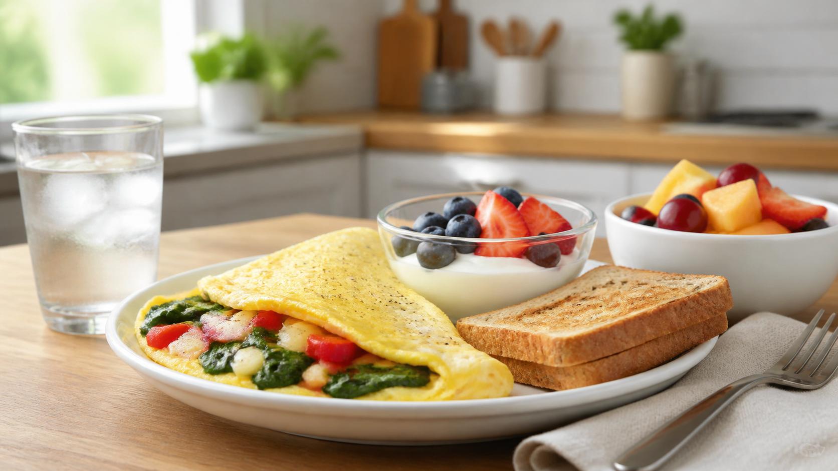 Balanced high-protein breakfast with vegetable omelet, Greek yogurt, berries and whole-grain toast
