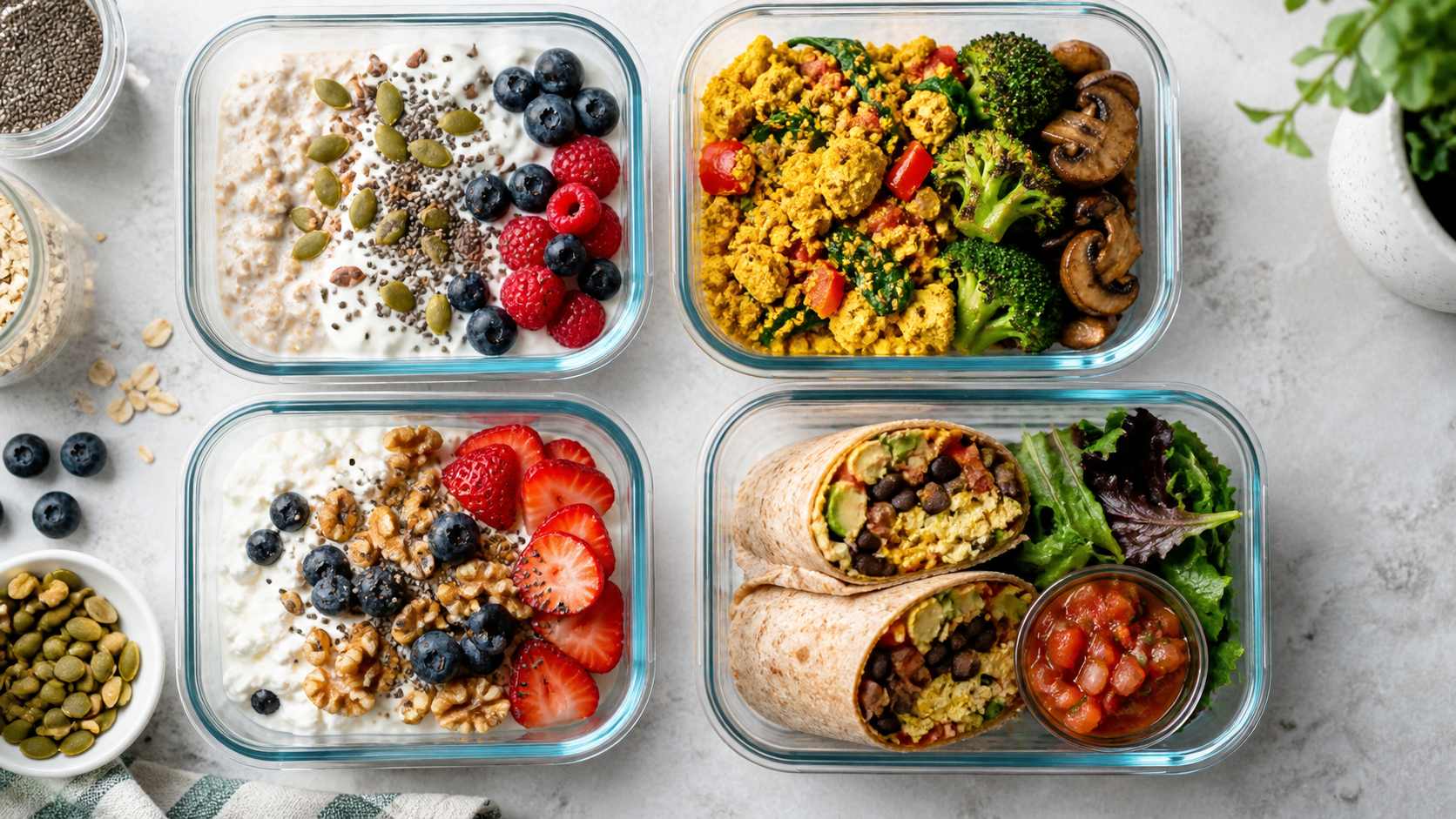 Four balanced high-protein breakfast meal-prep options with plant and animal protein sources